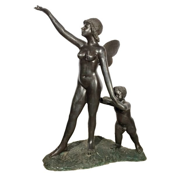 Sculpture Fairy with Cherub nude boy statue guiding Female Leading